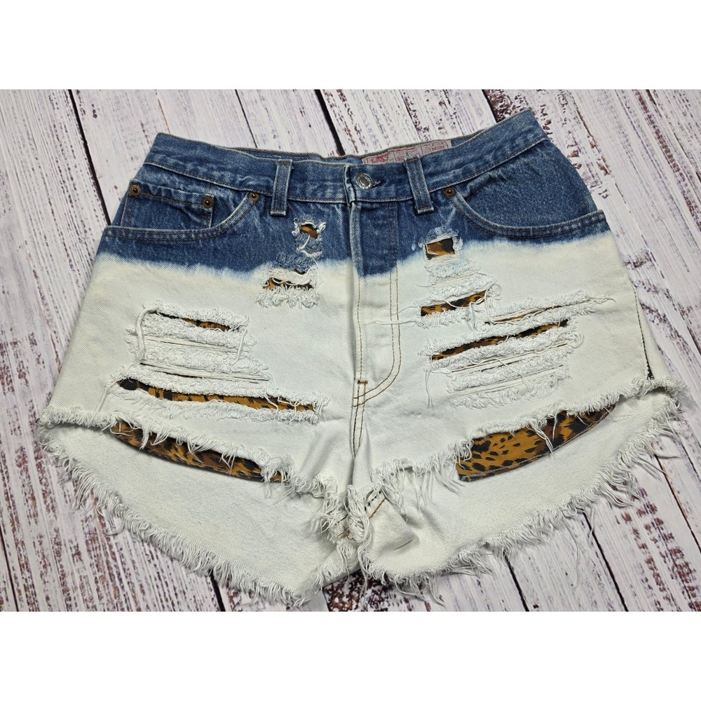 Levi's 507 Denim Shorts Womens 13 Blue White Excellent Distressed Leopard Button